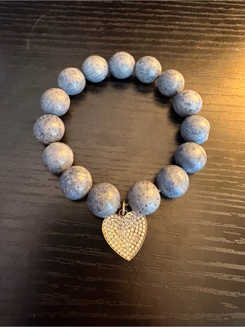 Beaded Blue Lava Stone Bracelet with Sterling Pave Heart Charm